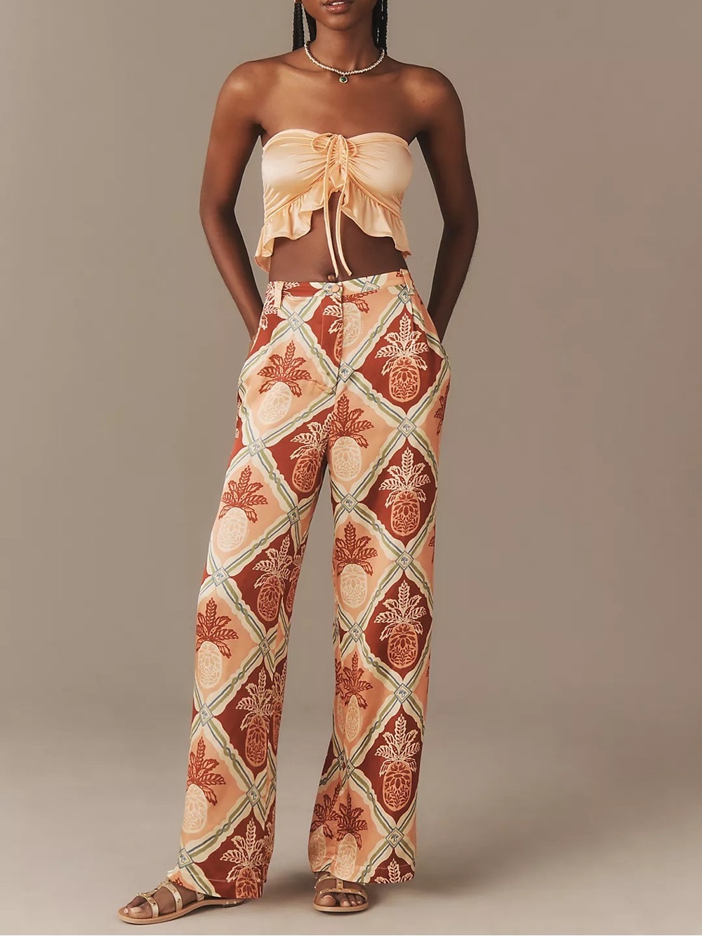 Farm Rio x Anthropologie Pineapple Satin Wide-Leg Pants